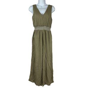 Olive Green Sleeveless Jumpsuit With Smocked Waist & Keyhole Back
